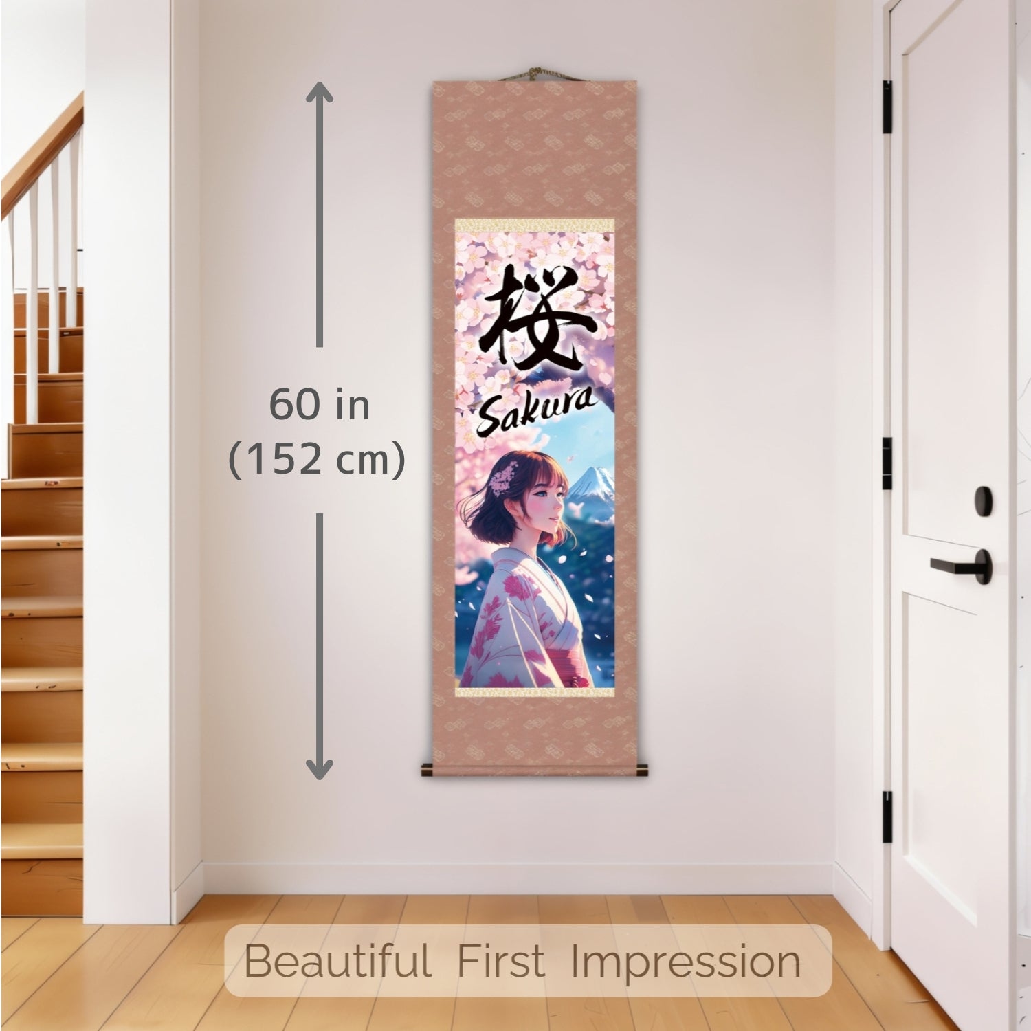 Papier peint mural Sakura Kakemono d'anime japonais – Femme en kimono avec le Mont Fuji