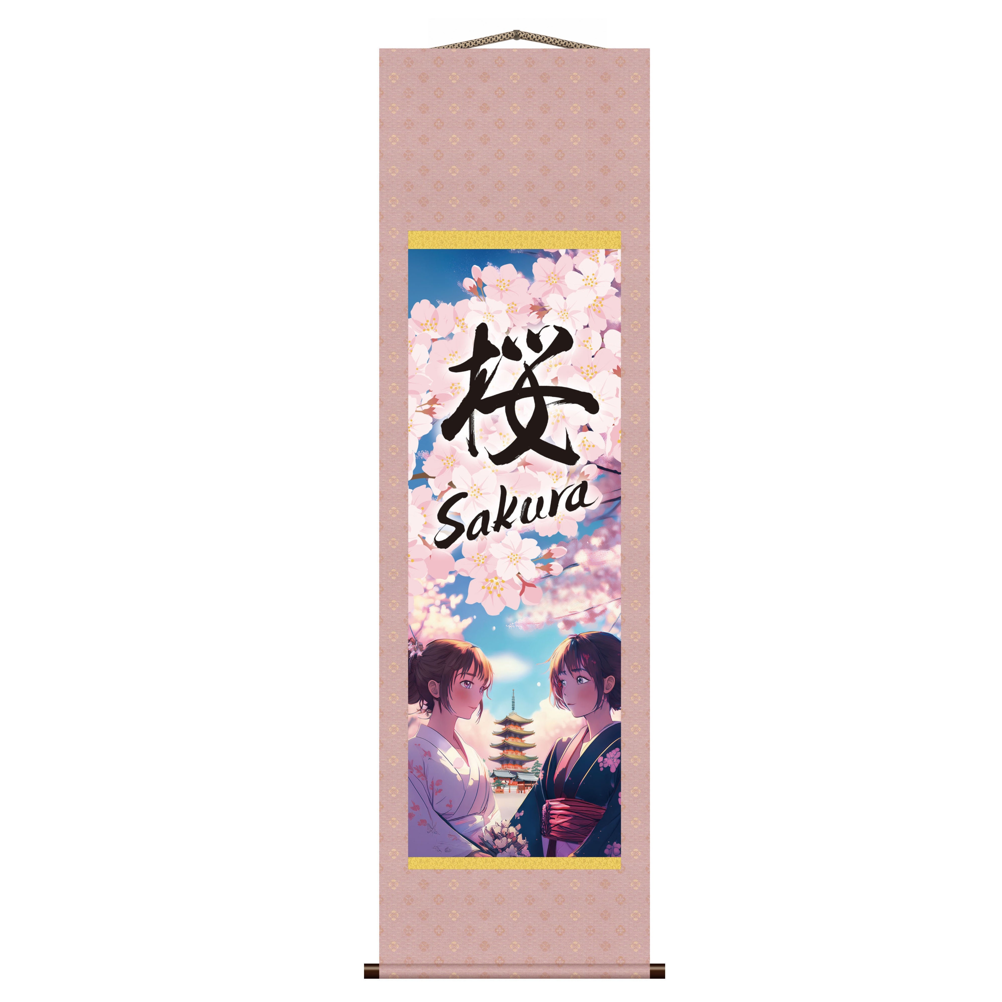 Anime japonais Sakura Kakemono Wall Scroll – Femmes en kimono avec pagode 